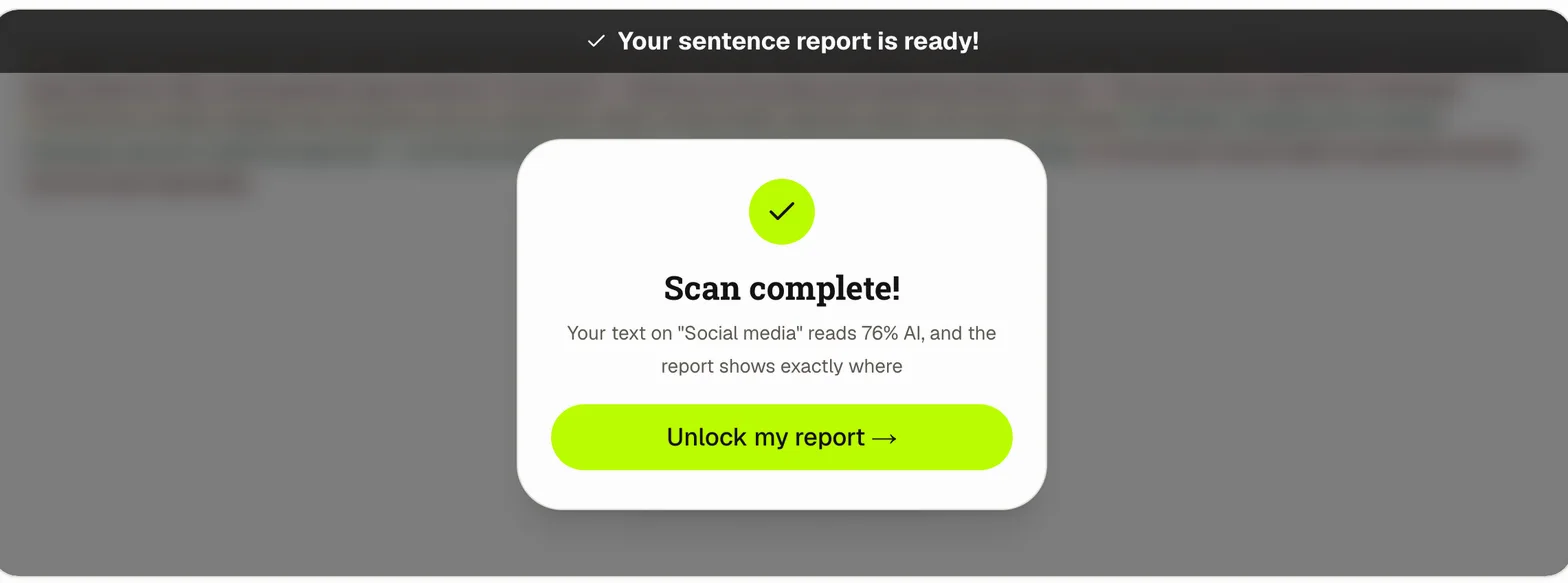 The ClearScript free AI check scoring the raw essay draft at 76% AI