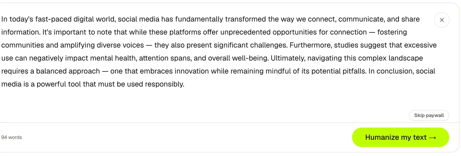 ClearScript's humanizer with the essay draft pasted in, Auto tone and Balanced strength