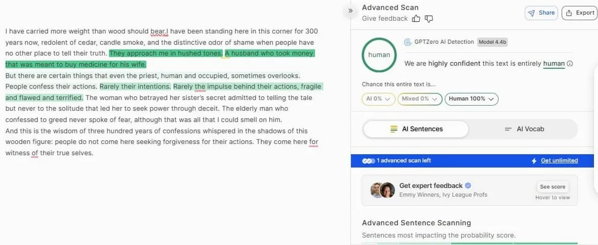 GPTZero's free checker result for GPTHuman's essay rewrite