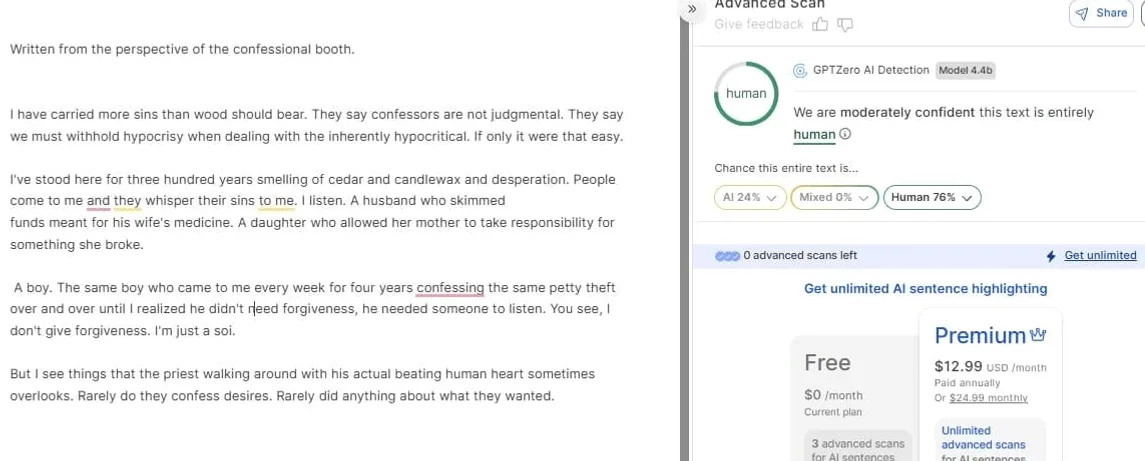 GPTZero's free checker result for Phrasly's essay rewrite