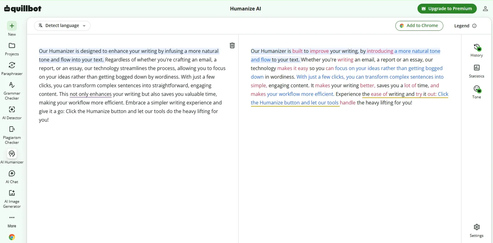 QuillBot's humanizer mid-rewrite, the draft on the left and its tracked changes on the right