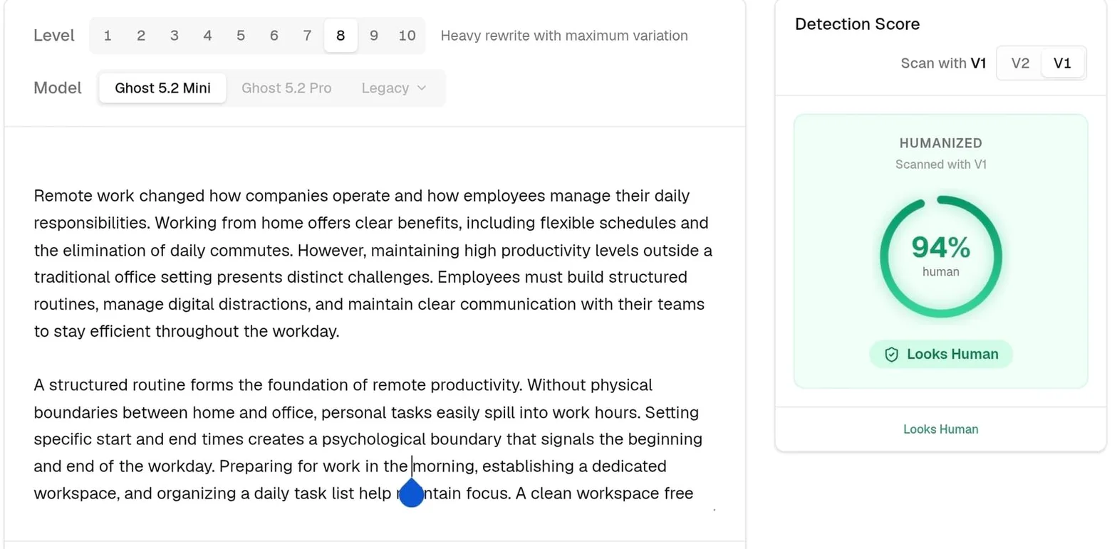 StealthWriter's built-in detector scoring the essay rewrite at 94% human