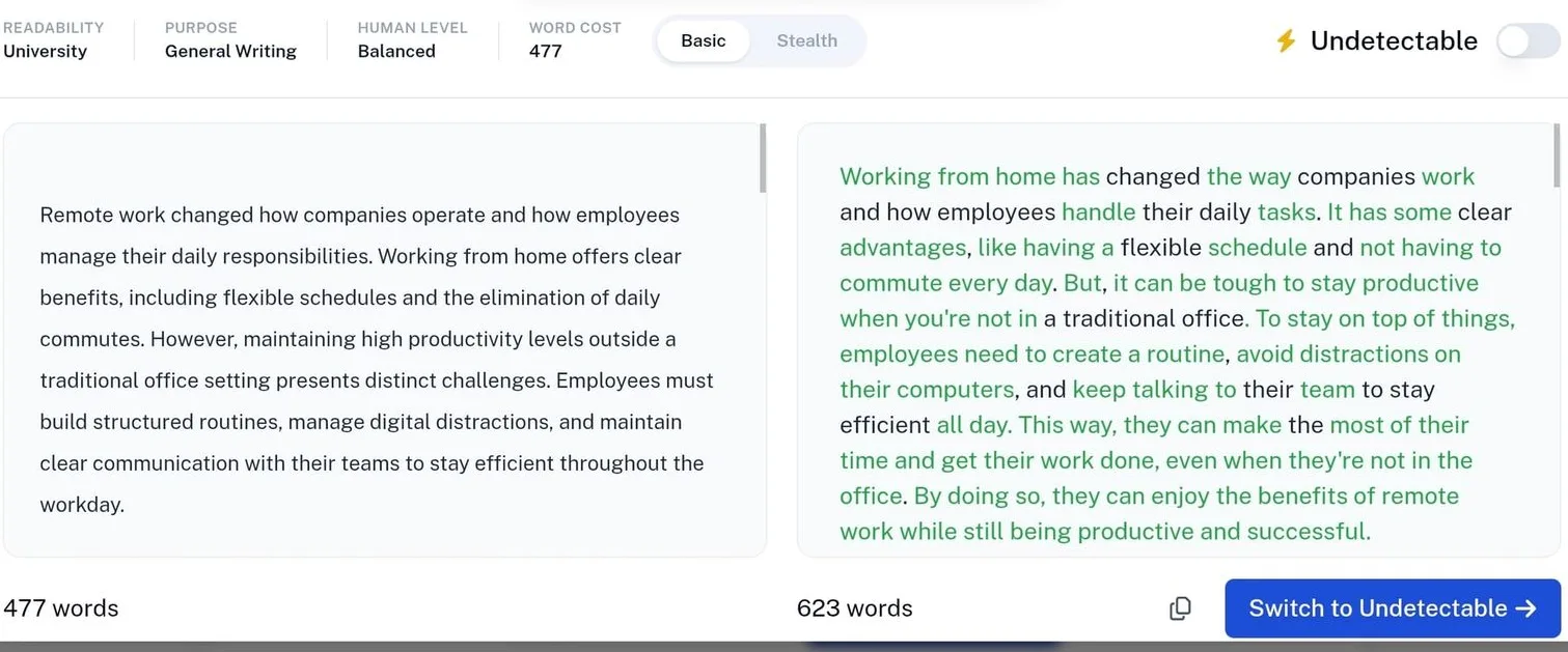 Undetectable AI humanizer interface on default settings