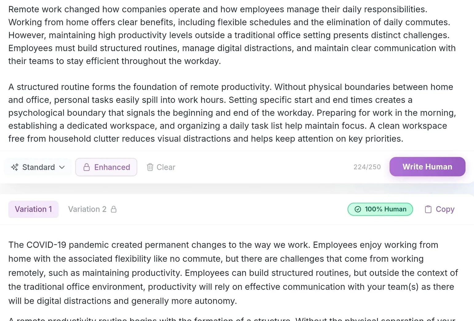 WriteHuman's humanizer with its Standard mode selected during the test