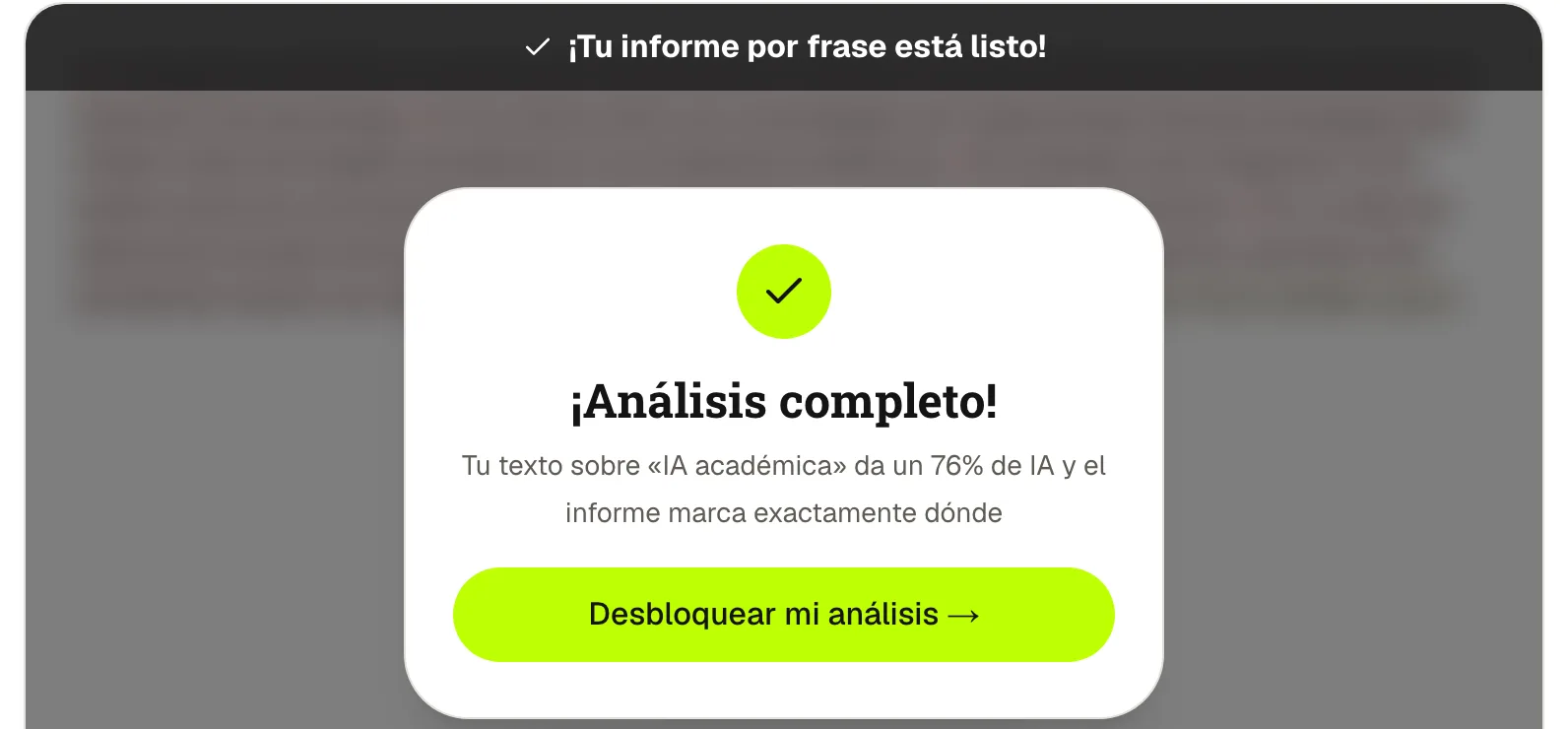 El detector gratis de ClearScript mostrando 76% de IA en el ensayo en español crudo