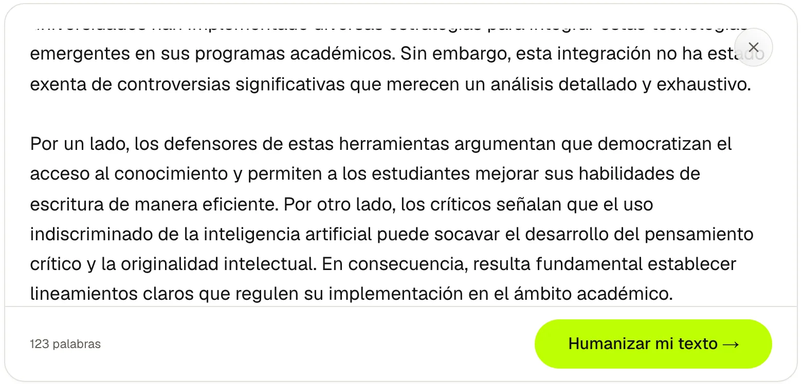 El mejor humanizador de IA, ClearScript, con el ensayo en español pegado en el editor: 123 palabras y el botón Humanizar mi texto