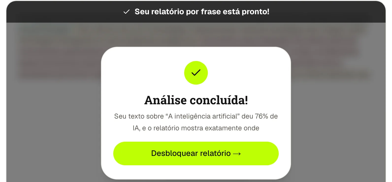 O verificador grátis do ClearScript marcando o ensaio em português cru com 76% de IA