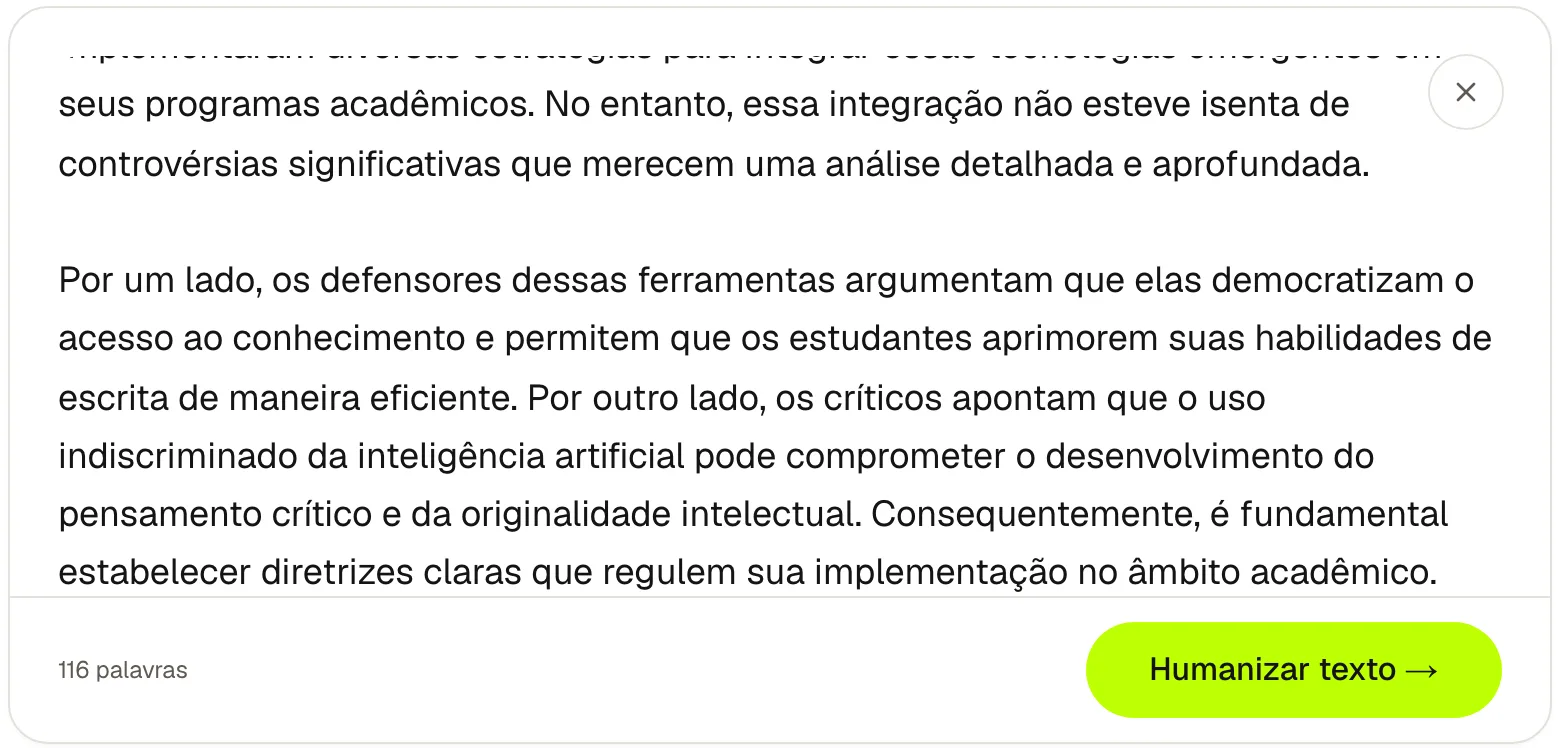 O melhor humanizador de IA com o ensaio em português do teste colado e o botão Humanizar texto