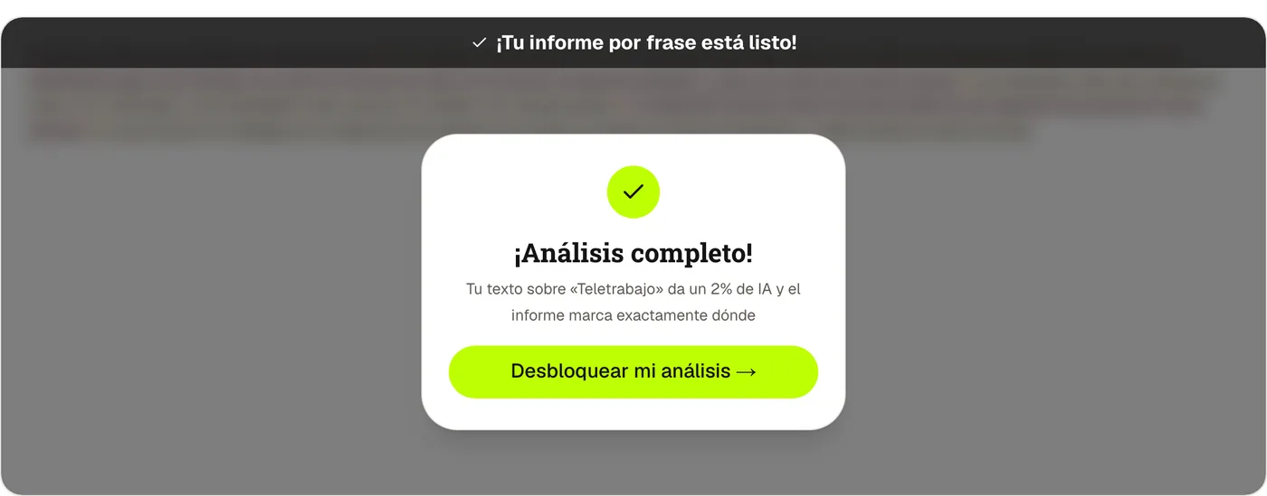 La revisión gratis de ClearScript releyendo un borrador humanizado sobre teletrabajo: 2% de IA, tras 98% de IA en el texto crudo