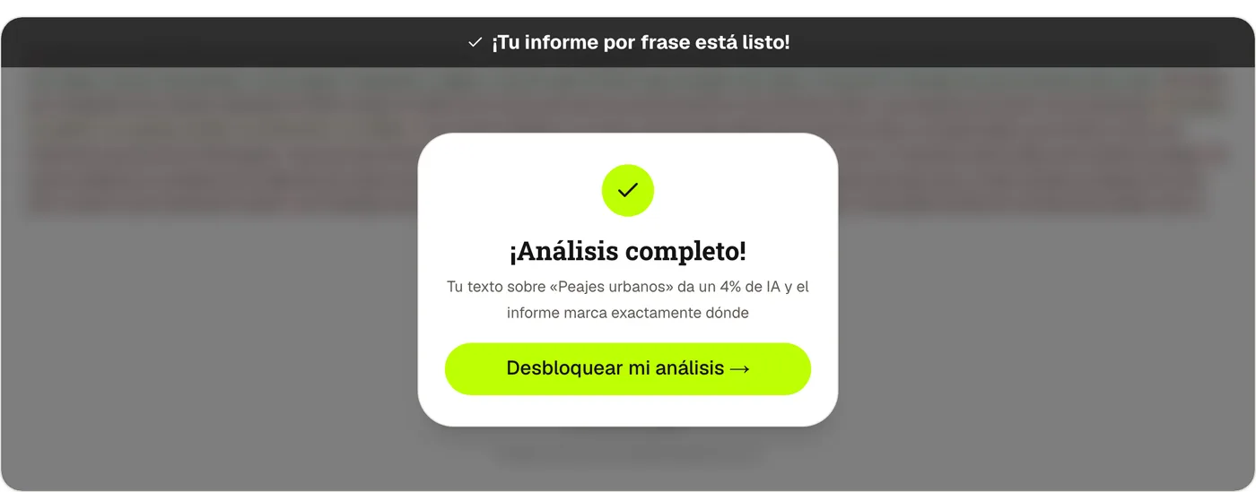 La revisión gratis de ClearScript leyendo un párrafo que escribió una persona, un texto formal de 238 palabras sobre el peaje urbano, en 4% de IA