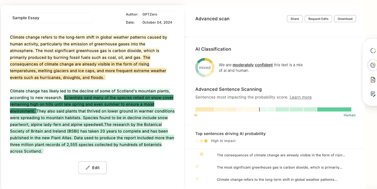 GPTZero é confiável? Seu relatório avançado dá uma probabilidade com marcas por frase, não um veredito
