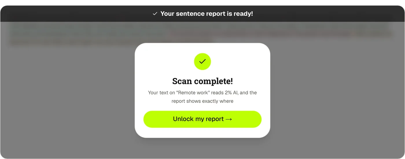 The free ClearScript check rescanning a humanized draft on remote work: 2% AI, down from 98% AI on the raw AI text