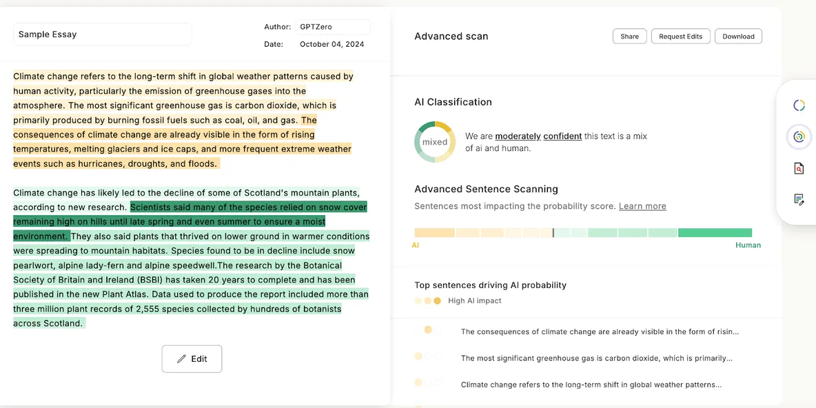 Is GPTZero accurate? Its advanced scan report gives a probability with sentence highlights, not a verdict