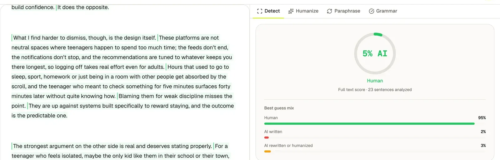 Rescan after one humanizer pass, showing 5% AI and a Human label