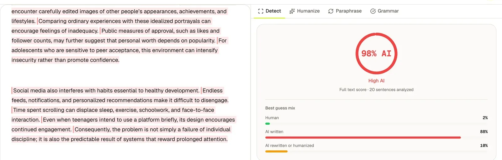 Full report on the raw draft with every sentence marked and a 98% AI score