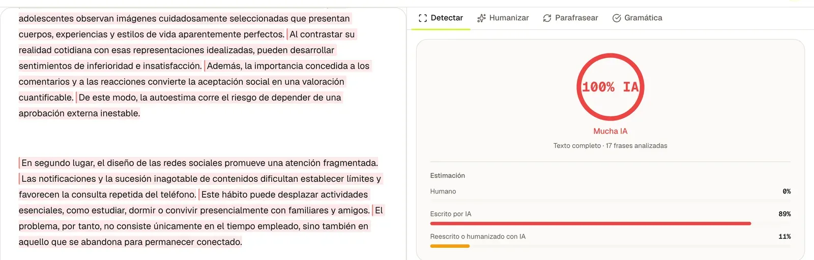 El informe completo del borrador crudo de ChatGPT: 100% de IA con las 17 frases marcadas en alto