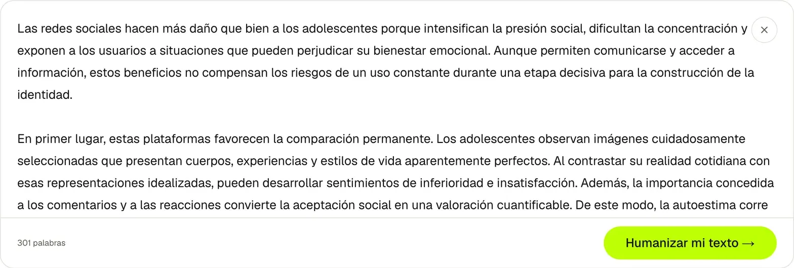 El borrador de 301 palabras pegado en el humanizador, listo para la pasada intensa