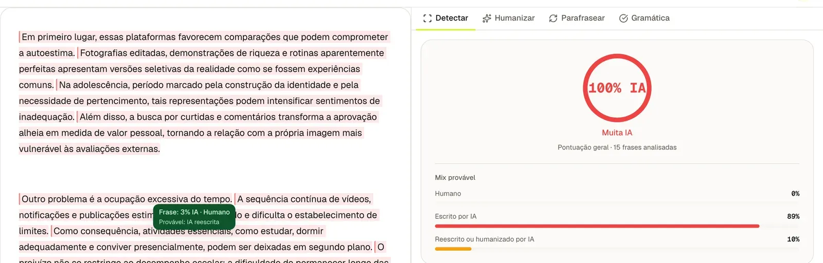 Relatório completo do rascunho cru, com 100% de IA e as frases em vermelho