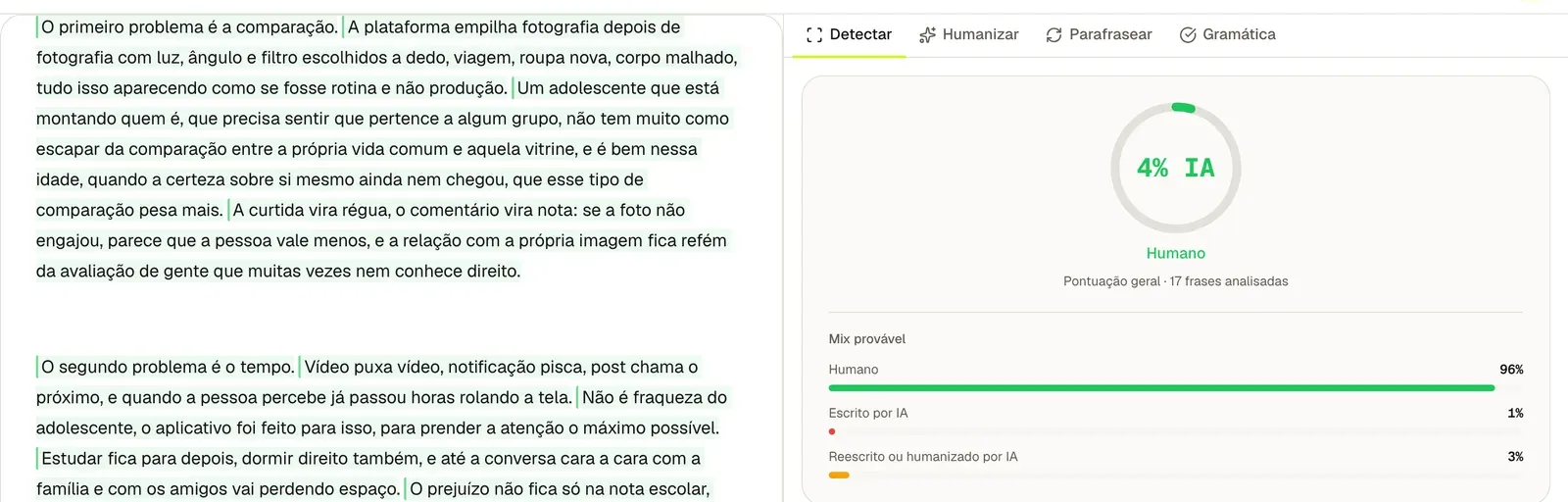Nova análise na mesma conta, 4% de IA e estado Humano